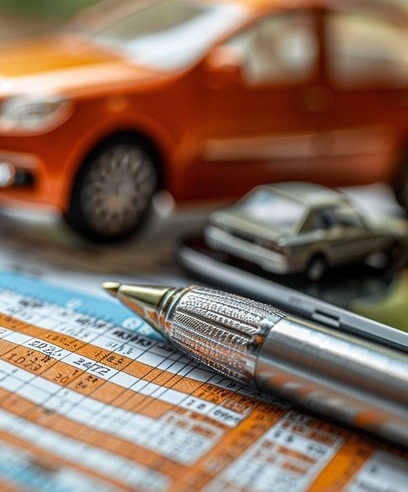 Close-up of a toy car and a pen on a loan application document. 