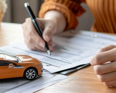 A person signing loan documents with a toy car on the table.